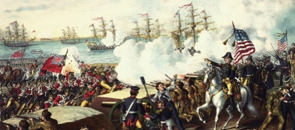 Andrew Jackson leads his troops against British Redcoats at the Battle of New Orleans