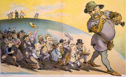 J.P. Morgan is the Pied Piper of Big Business, charming a crowd that includes President Theodore Roosevelt, in a 1902 cartoon. (Library of Congress)