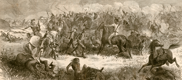 This illustration originally appeared in the March 23, 1867, Harper's Weekly and was captioned "The Indian battle and massacre near Fort Philip Kearney [sic], Dacotah [sic] Territory." The clash is now known as the Fetterman Fight.