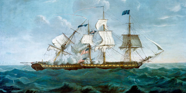 The Constitution's first broadsides took down the mizzenmast of the British frigate Guerriere (Michel Felice Corne/Navy History and Heritage Command).