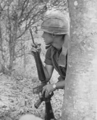 A member of "A" Co., 1/26th, 1st Bde, 1st Inf Div crouches near a tree while waiting for the area ahead to be cleared of mines, during Operation Cedar Falls in the Iron Triangle. (National Archives)