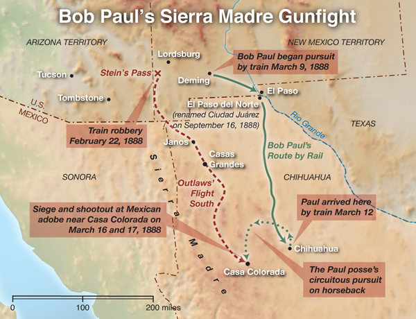 Within a month of the February 22, 1888, train robbery at Stein's Pass, New Mexico Territory, Bob Paul had tracked down the trio of thieves in Chihuahua, Mexico. (Map by Joan Pennington)