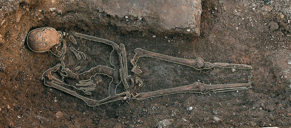 The outlined bones of King Richard III lie in the exploratory trench in a Leicester car park. The severe curvature of the spine provided the "ah ha" moment for osteologist Jo Appleby who uncovered the bones. It was the head wound on the skull that killed him.