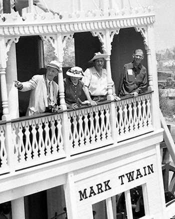 In this rare image, Forsythe (left) and his wife, Cotta, along with good friend Ed Ainsworth (far right), tour Disneyland with Walt Disney prior to its opening in 1955. [David D. de Haas, M.D. collection] 