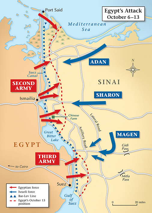 In the war’s first days, Egyptian forces advanced beyond the Bar-Lev Line and as far as nine miles into the Sinai. The Israelis under Generals Avraham Adan, Ariel Sharon, and Kalman Magen turned back further incursions. After fierce fighting at the Chinese Farm, they crossed the canal, divided Egyptian forces, and encircled the Third Army. (Baker Vail)