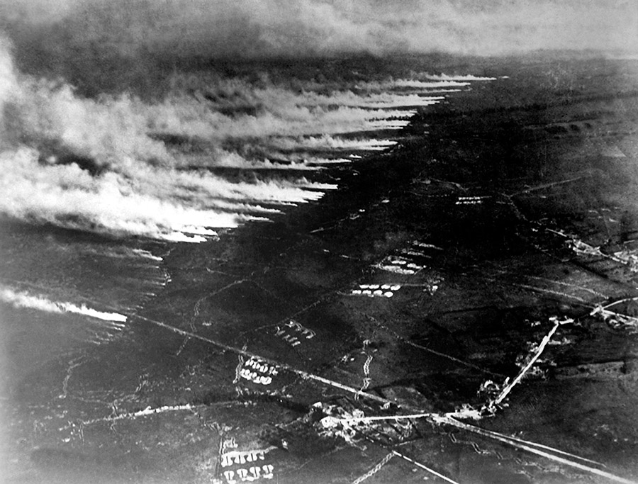 An aerial photograph shows French-launched chemical and flame agents falling on German trenches in Flanders. Exact date unknown. (U.S. Army/National Archives)