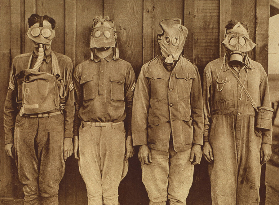 With the United States’ entry in the war, the American Expeditionary Force had to catch up on the war’s technological innovations—including chemical warfare. The protective masks shown above were used by (from left) the U.S., British, French and German armies. (Library of Congress)