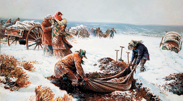 In 1856 the Martin and Willie handcart companies of Mormon pioneers lost more than 200 people to the weather, exhaustion, starvation and illness while crossing the Great Plains to Salt Lake City, Utah. (Illustrations courtesy of the Church of Jesus Christ of Latter-day Saints, Salt Lake City, Utah)
