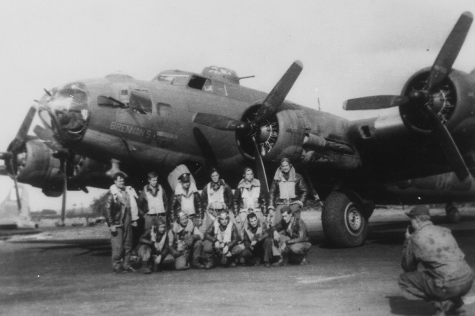 Pilot Joseph Brennan and the crew of “Brennan’s Circus” have their photo taken prior to the mission that had them ditch in the North Sea on the way back from Schweinfurt. (National Archives)