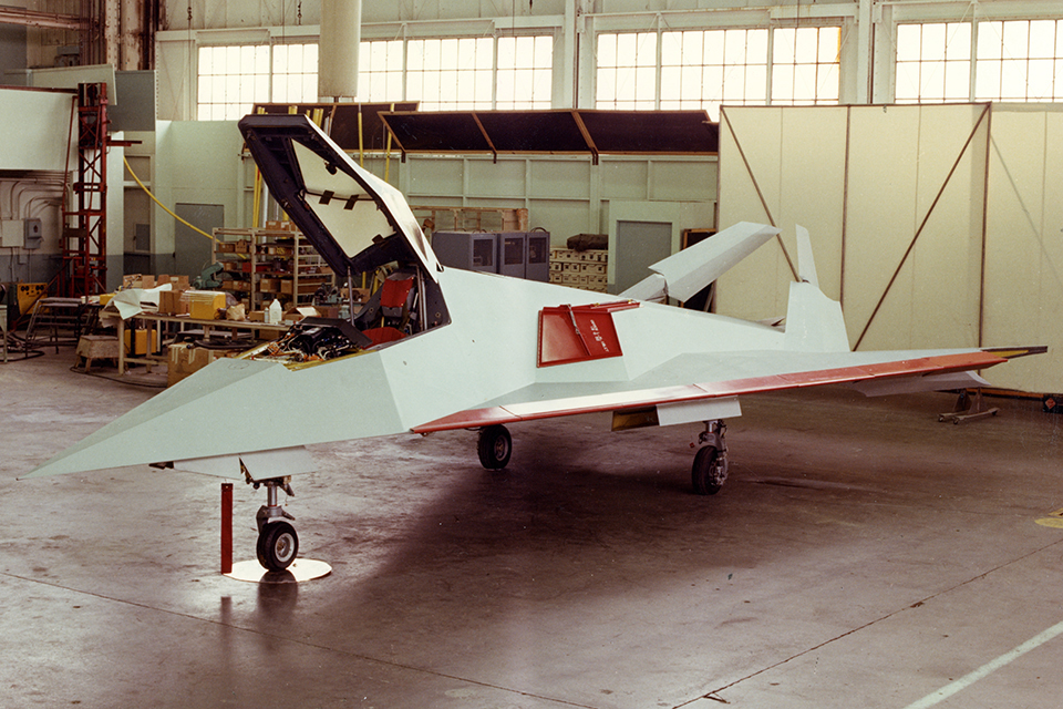 Lockheed built two technology demonstrator aircraft under the code name "Have Blue." The two prototypes were smaller aircraft, one quarter the weight of the F-117, with a wing sweep of 72.5° and inward-canted vertical tails. (Lockheed Martin)