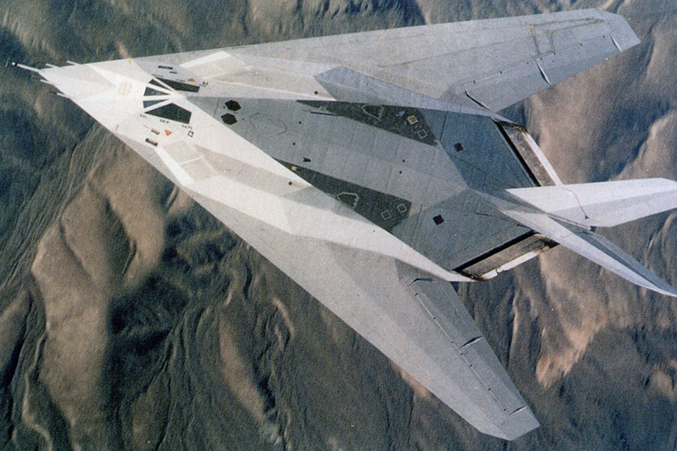 Five "full scale development" aircraft were designated YF-117s, with the first fighter making its maiden flight from Groom Lake, Nevada, on June 18, 1981. (Lockheed Martin)