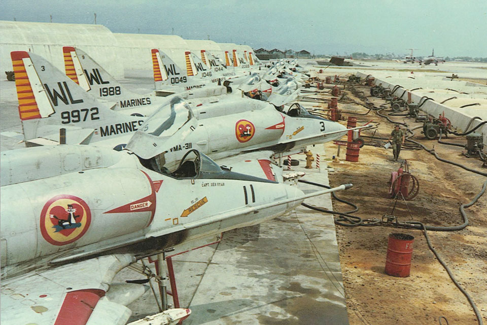 In 1971 A-4E Skyhawks from VMA-311, take on fuel at DaNang, South Vietnam. The distinctive “hump” housed new electronic equipment. (U.S. Marine Corps)