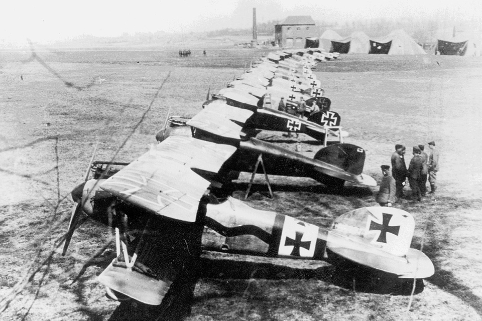 The brightly painted Albatros fighters of Jagdgeschwader 1, Richthofen's "Flying Circus." (National Archives)