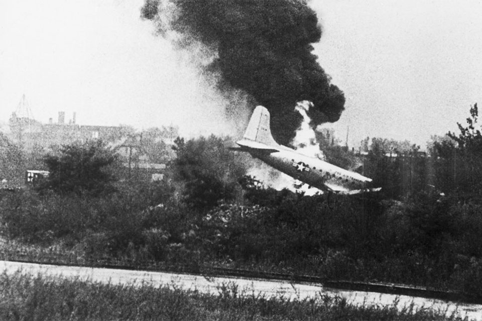 The airlift was not without a cost. This C-54 crashed just short of the runway at Templehof. (U.S. Air Force)