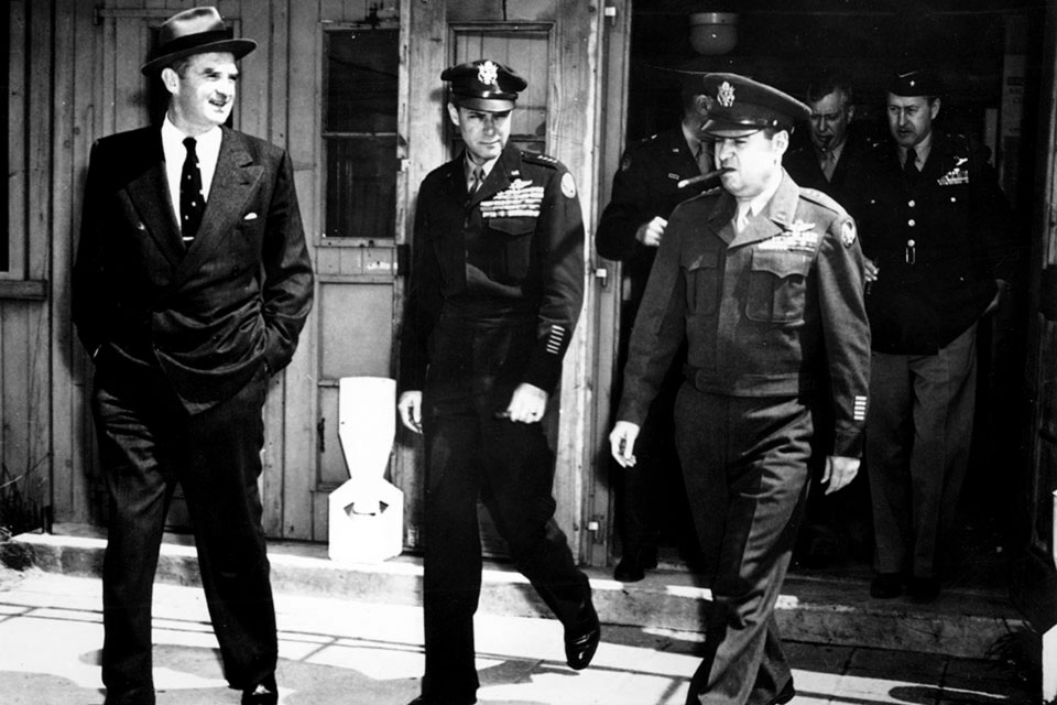 The Berlin Airlift would be the first major action for the newly independent U.S. Air Force. (Left to right) Air Force Secretary Stewart Symington laeves a meeting with Air Force Chief of Staff General Hoyt S. Vandenberg and Lt. Gen. Curtis . LeMay. (Air Force Association)