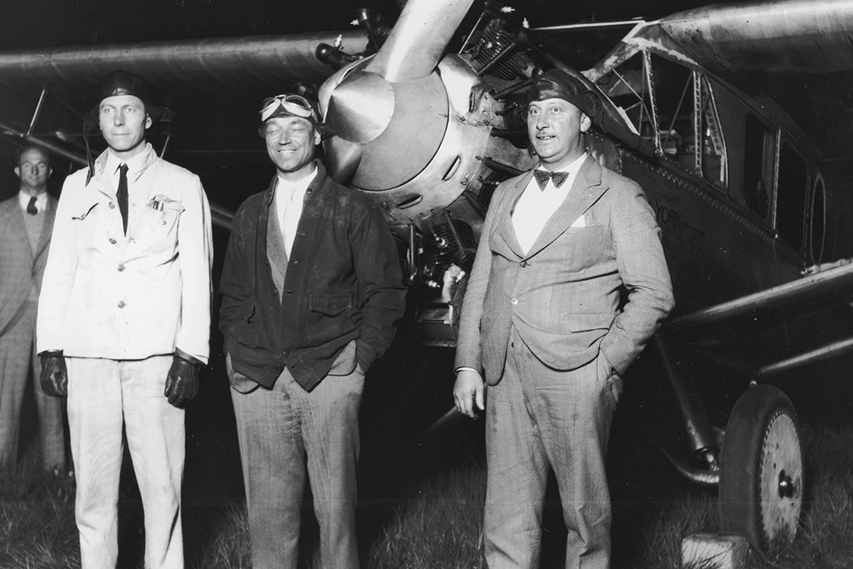 Pilot Roger Q. Williams (center), navigator Harry E. Connor (left) and co-pilot Boyd (right) at Roosevelt Field on June 29, 1930, before their attempted record nonstop flight to Bermuda. (AP Photo/Wide World)
