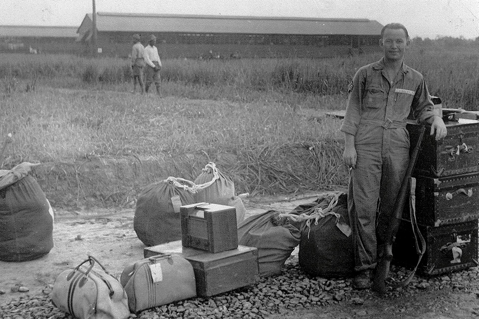 Before World War II, Chandler served in 44th Bomb Squadron (Heavy) flying Douglas B-18B “Bolos” assigned to Central America. Here he poses with gear after traveling to British Guiana, where Bolo crews flew patrols to protect oil tankers leaving Venezuela at the war’s outset. (Courtesy of Russell Chandler III)