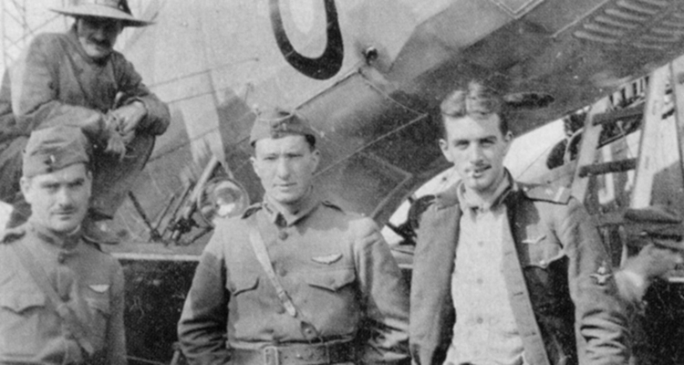 From left, American Lieutenants Lewis, Harris, and Navy Ensign Hudson with Caproni Ca.5 No. 11577 before taking off from Turin, Italy.