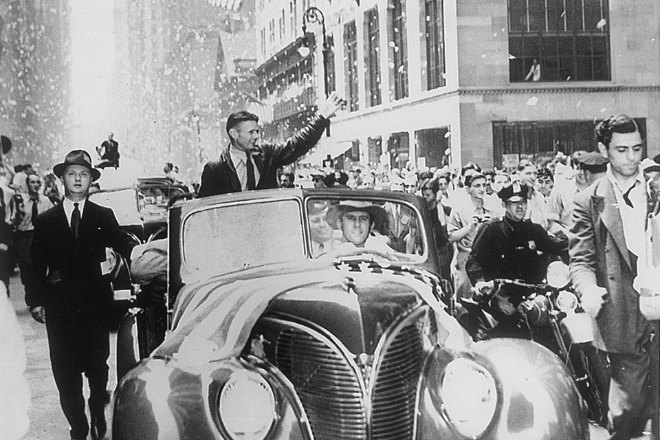 Until his return to New York on August 4, 1938, Corrigan’s pilot’s license was suspended. The following day, he was given a ticker-tape parade on Broadway. (National Archives)