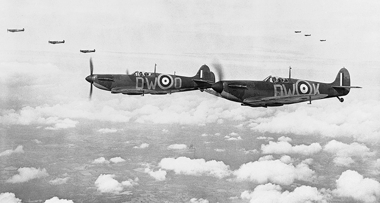 An iconic Battle of Britain photo, Spitfires from, No. 610 Squadron, based at Biggin Hill, Kent, fly over South East England. (Imperial War Museum)
