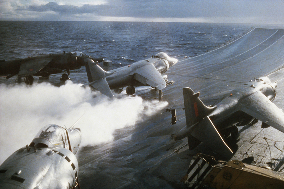 Sea Harriers proved the fighter's abilities in air-to-air combat against what was considered a more potent enemy. Sea Harrier XZ 499 of No 800 Naval Air Squadron takes off from the aircraft carrier HMS HERMES for Combat Air Patrol. (MoD)