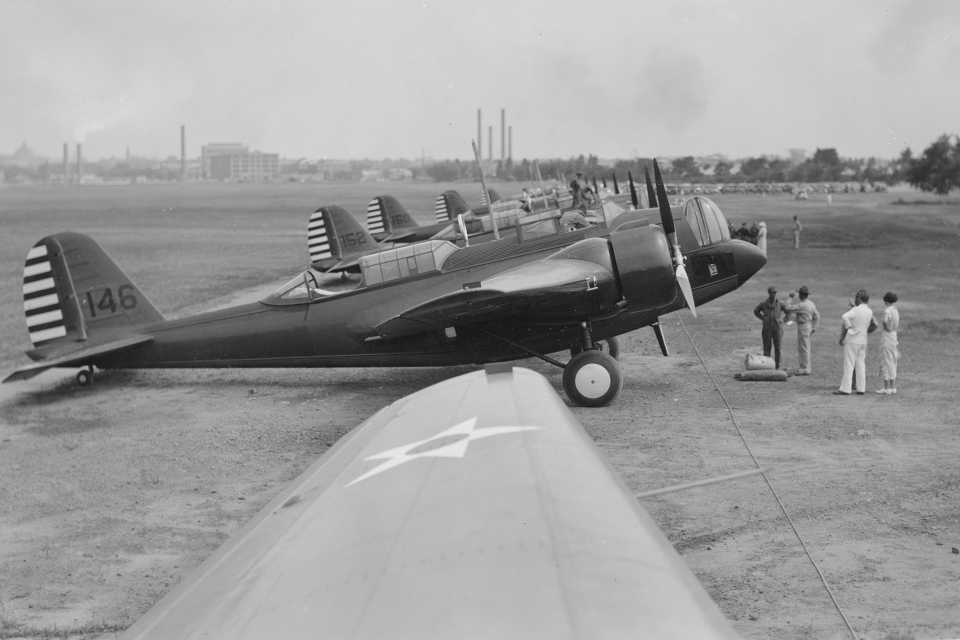 Arnold demonstrated that a bomber force had not only great value, but great range, flying a gaggle of Martin B-10 bombers on an 18,000 mile round trip flight From Washington D.C. to Alaska and back. (National Archives)