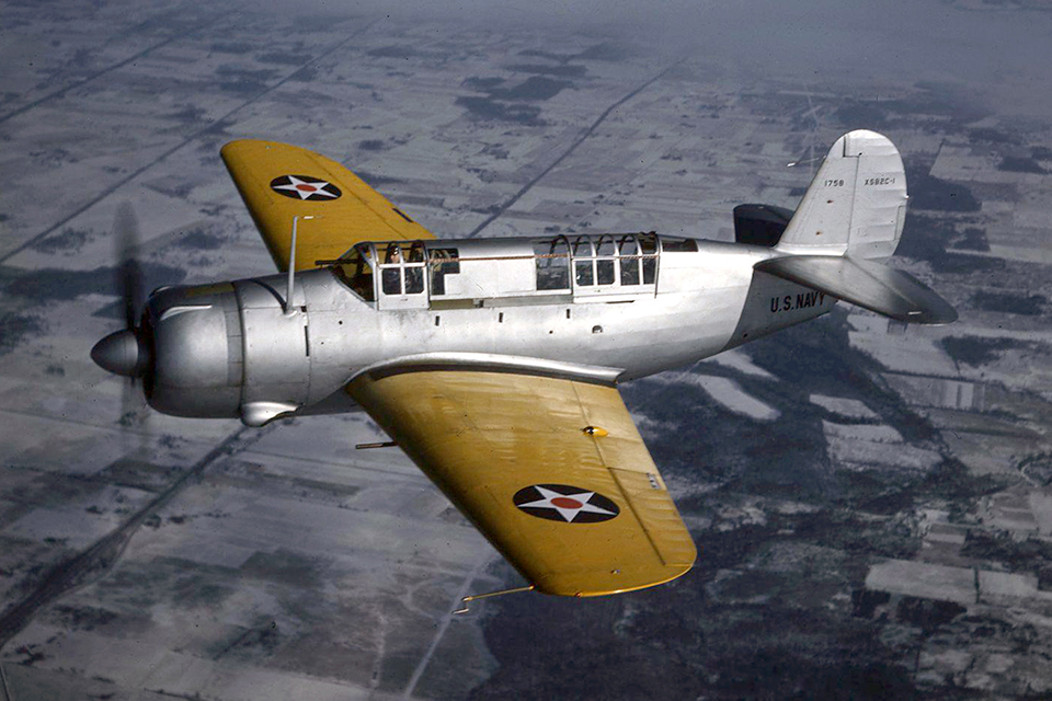 The XSB2C-1 prototype had a retractable tailwheel, two cowl-mounted machine guns and a telescopic sight in the windshield. The new dive bomber's most radical feature—for a carrier plane—was an internal bomb bay. (Naval History and Heritage Command)