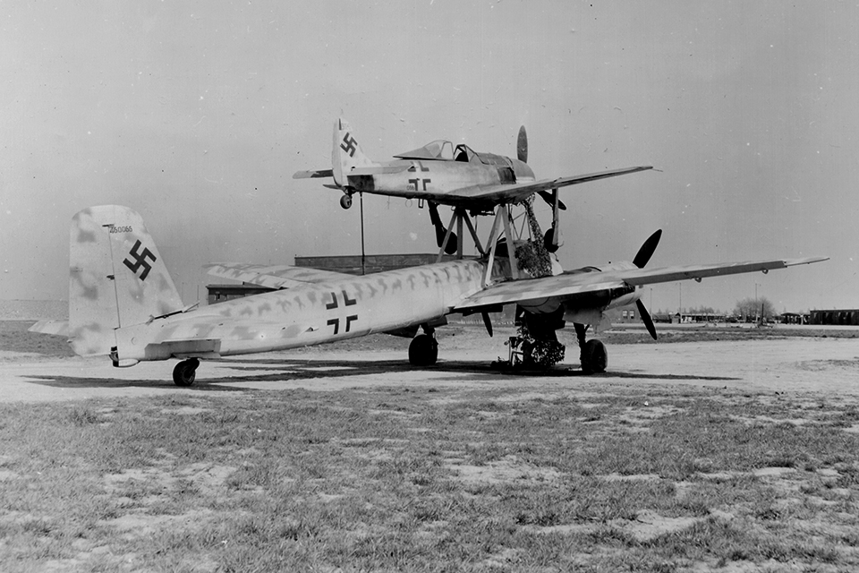 Near the Junkers airfield between Stassfurt and Bernberg, Germany, Army units found this “Mistel” Junkers Ju88/FW 190 combination. (National Archives)