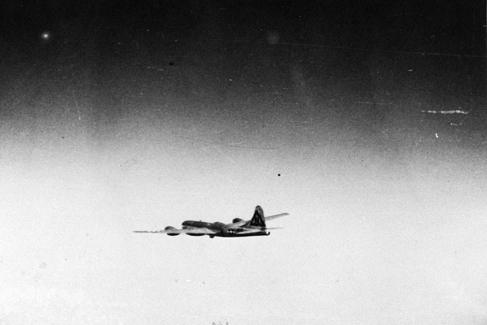 This rare photo, taken from "The Great Artiste" shows "Bockscar" en route to Japan with the atomic bomb on board. (National Museum of the U.S. Air Force)