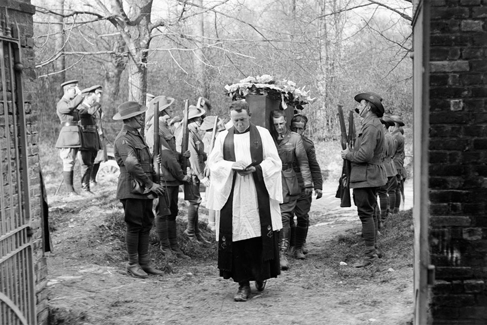 The funeral of Manfred von Richthofen. April 22, 1918, No.3 Squadron lays to rest an old adversary, at Bertangles Cemetery, France. (IWM Q10918)