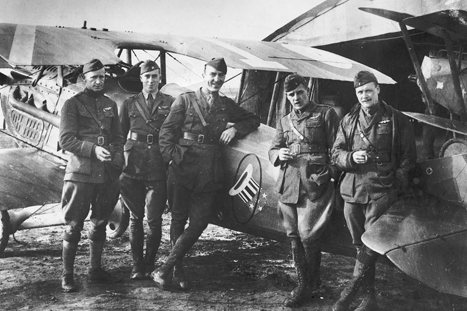 Rickenbacker is flanked by 94th Aero Squadron pilots (left to right) 1st Lt. Reed Chambers, Capt. James Meissner, Rickenbacker, 1st Lt. T.C. Taylor and 1st Lt. J. H. Eastman. (U.S. Air Force)