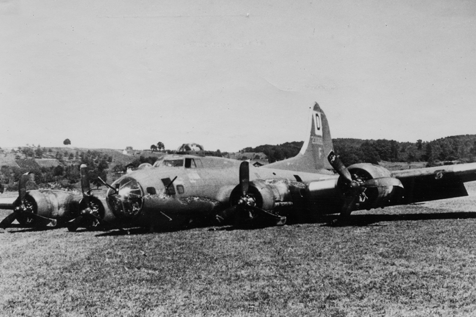 This Flying Fortress was one of nine bombers the 100th Bomb Group lost by the end of the day. The crew crash-landed their damaged B-17 near Zurich, Switzerland, where both the plane and crew were interned. (National Archives)