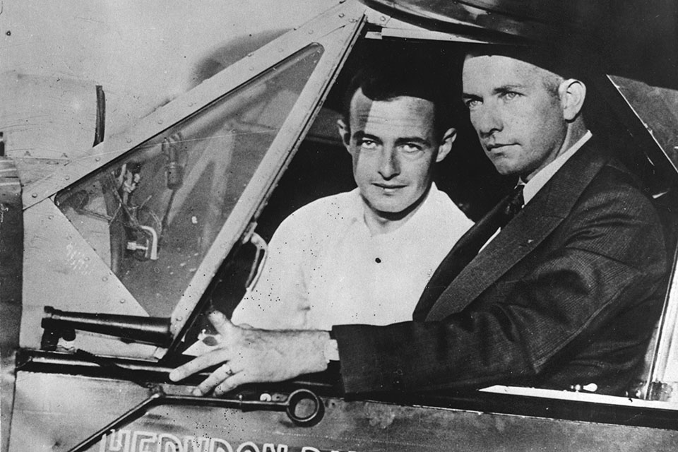 Clyd “Upside-Down” Pangborn (right) and playboy co-pilot Hugh Herndon in the Bellanca’s cockpit. (Austrian Archives/Imagno/Getty Images)