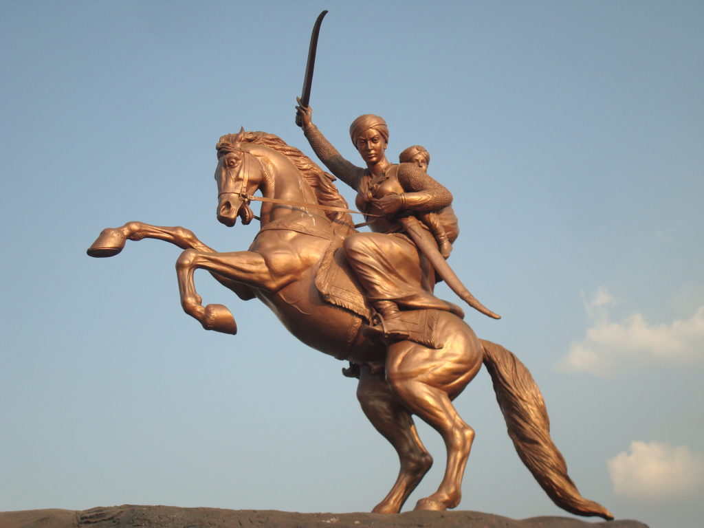 A statue is Solapur, India, depicts Manikarnika's legendary escape from British soldiers as they torched her city in retaliation for her assumed role in the Indian mutiny. (Photo by Dharmadhyaksha)