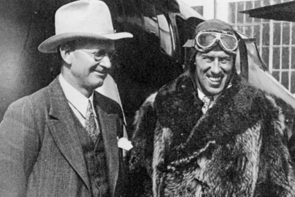 Hawks, at right, was photographed with Lockheed Aircraft founder Allan Loughead in front of the Lockheed Air Express in February 1929, prior to an 18-hour flight in the open cockpit plane. (Courtesy of Alex l. Anderson)