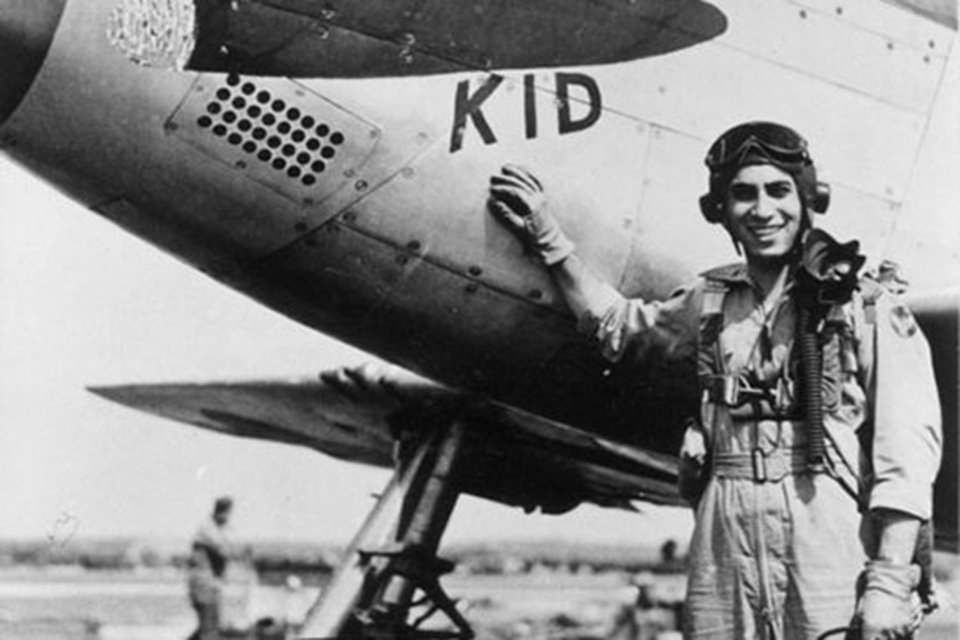 Lt. James Jabara. with his P-51D "The Ceegar Kid". At the end of World War II he had down 1.5 German planes. (National Archives)