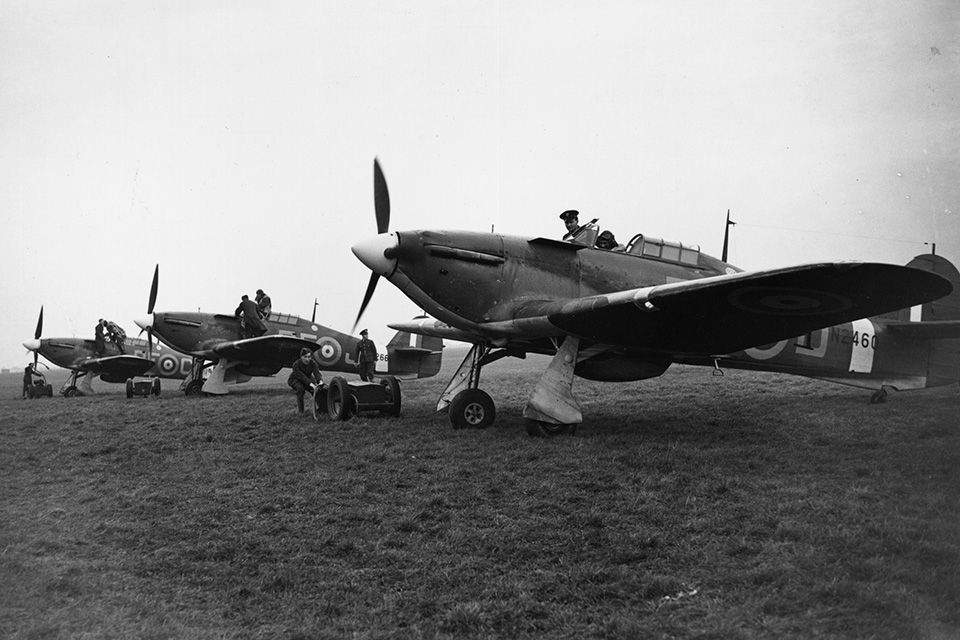 Three Hawker Hurricane fighters are prepared yet another sortie by ground crews from their base at RAF Northolt near London. (Central Press/Getty Images)