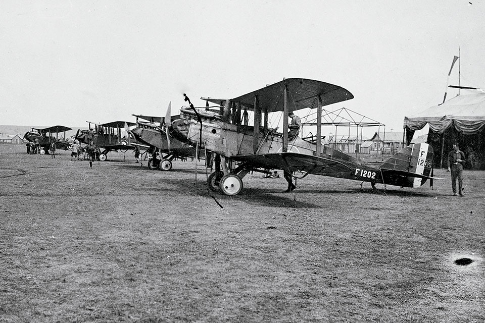 De Havilland D.H.9s of C Flight, No. 47 Squadron, at Ekaterinodar airfield. Powered by disappointing Armstrong-Siddeley Puma engines, the D.H.9s were supplemented by 400-hp Liberty-engine D.H.9As to conduct bombing operations in support of White Russian forces. (Raymond Collishaw/Library and Archives of Canada/PA-203554)