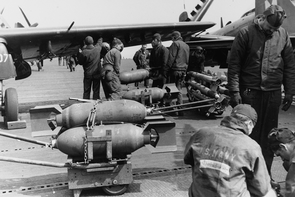 ADs typically carried an 8,000-pound mixed load of ordnance, which was four times greater than that carried by either the F4U-4 or the U.S. Air Force’s P/F-51D. (National Archives)