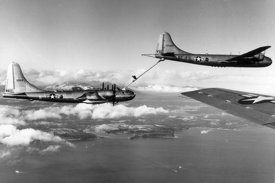 The inital test - KB-29 refuels a B-50D Superfortress using the new "Flying Boom" system developed by Boeing. (USAF)