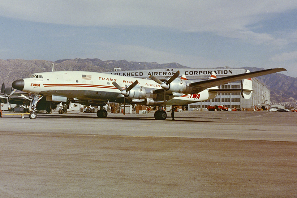 The 1649A featured an entirely new wing that was slightly longer, with squared-off wingtips. Other modifications resulted in a quieter passenger cabin as well as greater range. The second of the 1649 series, this one was delivered to TWA in September of 1957. (Lockheed Martin)