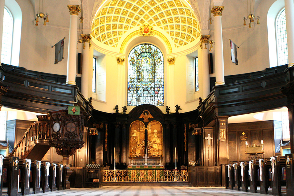 Nearly eviscerated by Nazi bombs, the church of St. Clement Danes was rebuilt, and is now considered the official chapel of the Royal Air Force. 