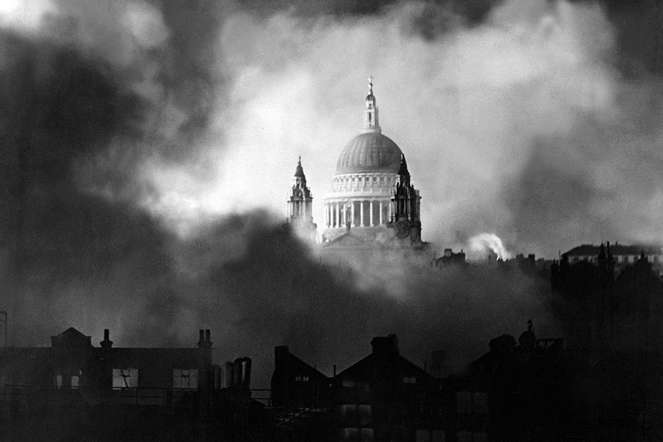 One of the most iconic images from the war St. Paul's Cathedral stands defiant during one of the last German air attacks that became known as the "Second Great Fire of London," December 29-30, 1940. (National Archives)