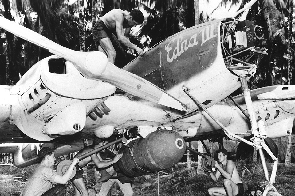 "Edna III,” a U.S. Navy TDR-1 attack drone, is readied for launch from an air base in the Solomon Islands. In late 1944, aircraft like these guided by a specially equipped TBM Avenger carried out a number of attacks against dug-in Japanese positions. (National Archives)
