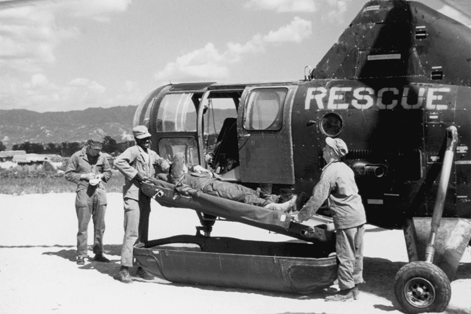 The 3rd Air Rescue Squadron flew Sikorsky H-5s equipped with two pods on either side of the fuselage. Each pod could transport a casualty strapped to a stretcher. (U.S. Air Force)