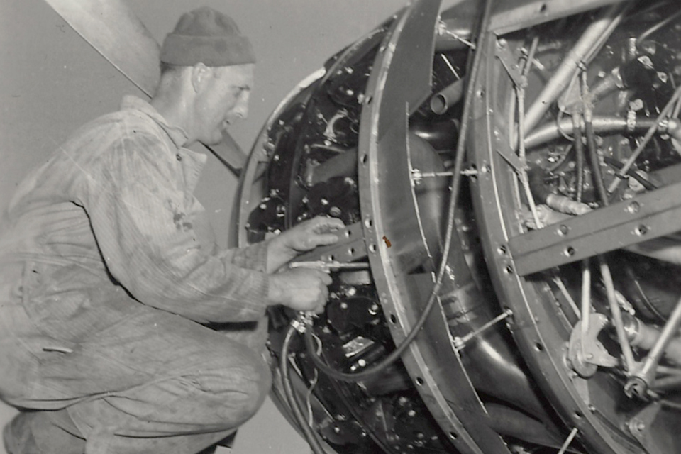 Sgt. Eldred von Scott, an engineer-gunner on raider number 9, adjusts one of its engines at Eglin. Doolittle and his crews obsessed about their planes right up until the raid. (Roy Stork Collection)