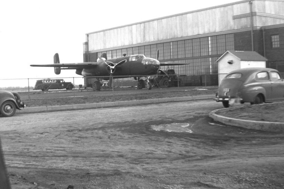 One of Doolittle's B-25Bs waits its turn at Mid-Continent Airlines, Minneapolis, Minnesota, for the modifications, that would help take it to Tokyo. (U.S. Air Force)