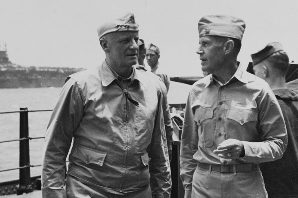 Admiral Chester W. Nimitz, with Admiral Raymond A. Spruance, on board the USS New Jersey in April, 1944, off Majuro Atoll, Marshall Islands. (U.S. Navy)