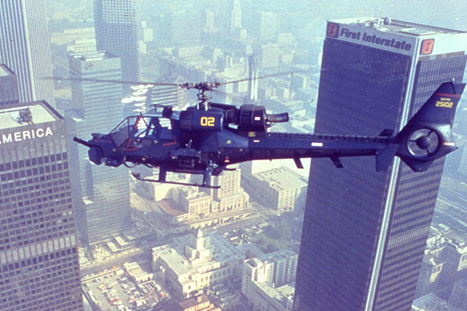 Blue Thunder’s tricked-out Aerospatiale SA-341G looked less graceful—and a whole lot more malevolent—than the average Gazelle. (Columbia Pictures)