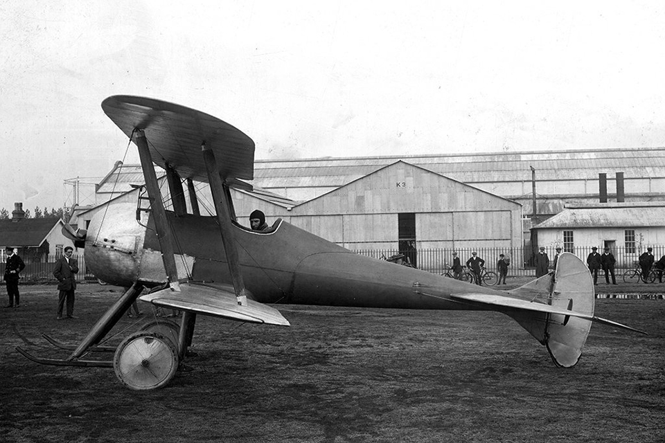 Geoffrey de Havilland in the cockpit of the first SE.2 at Farnborough in 1913. The airplane was rebuilt from an earlier BS.1 after a spin induced crash that nearly killed him. (RAF)
